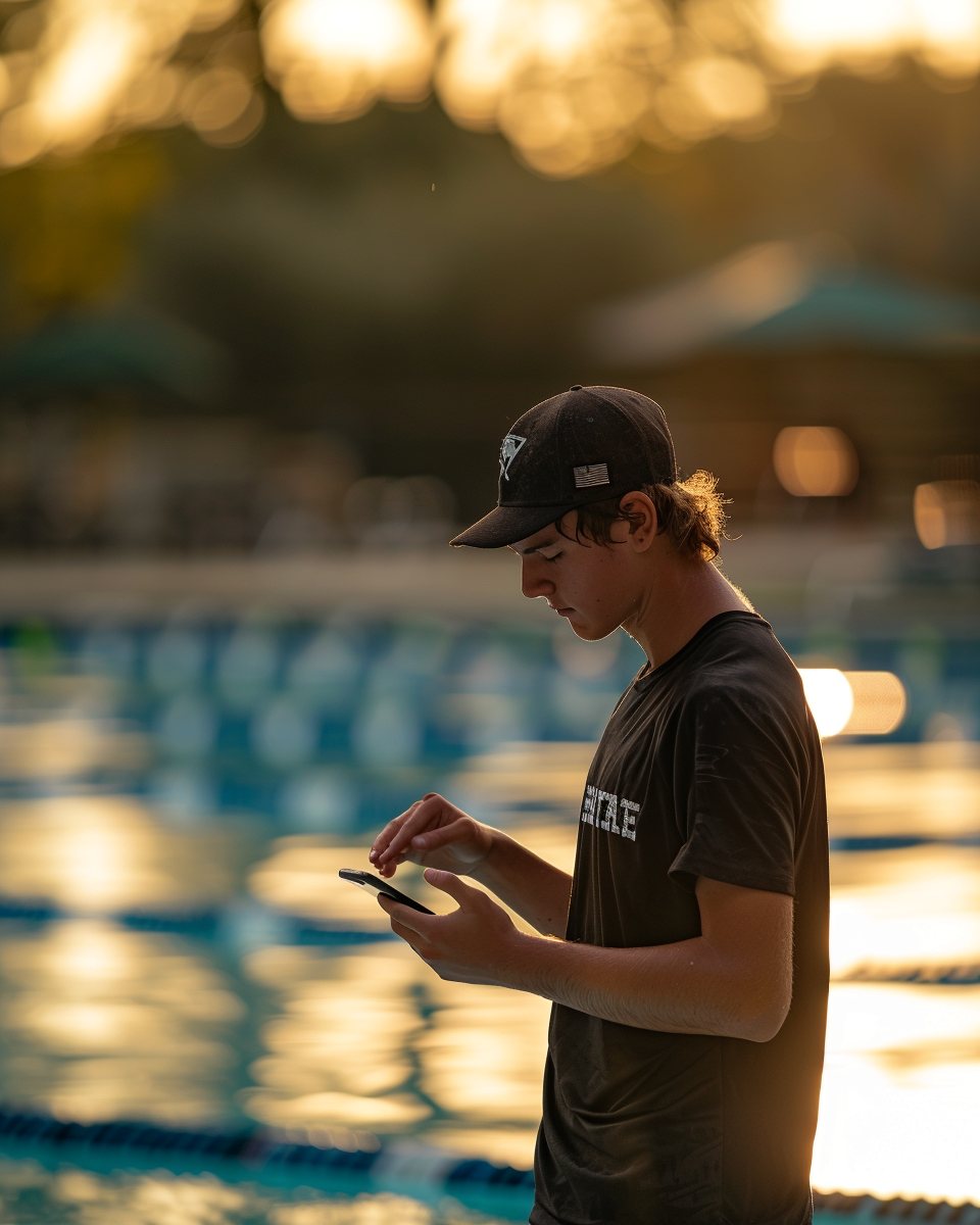 A swim coach by the pool picking a time on their phone