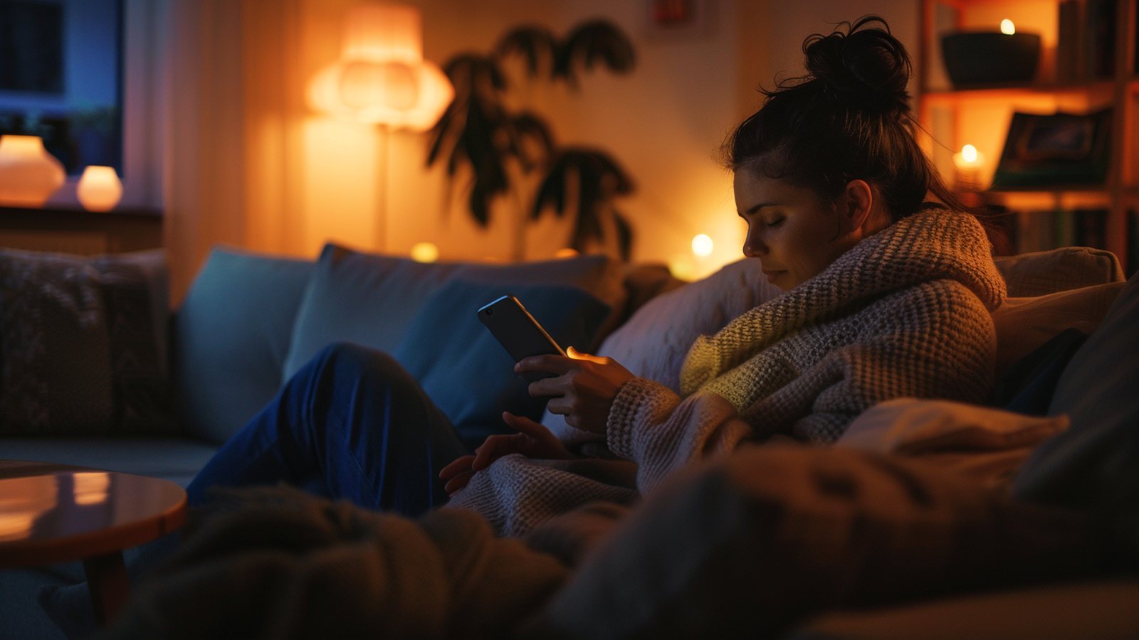 A parent relaxing in the evening, phone set down