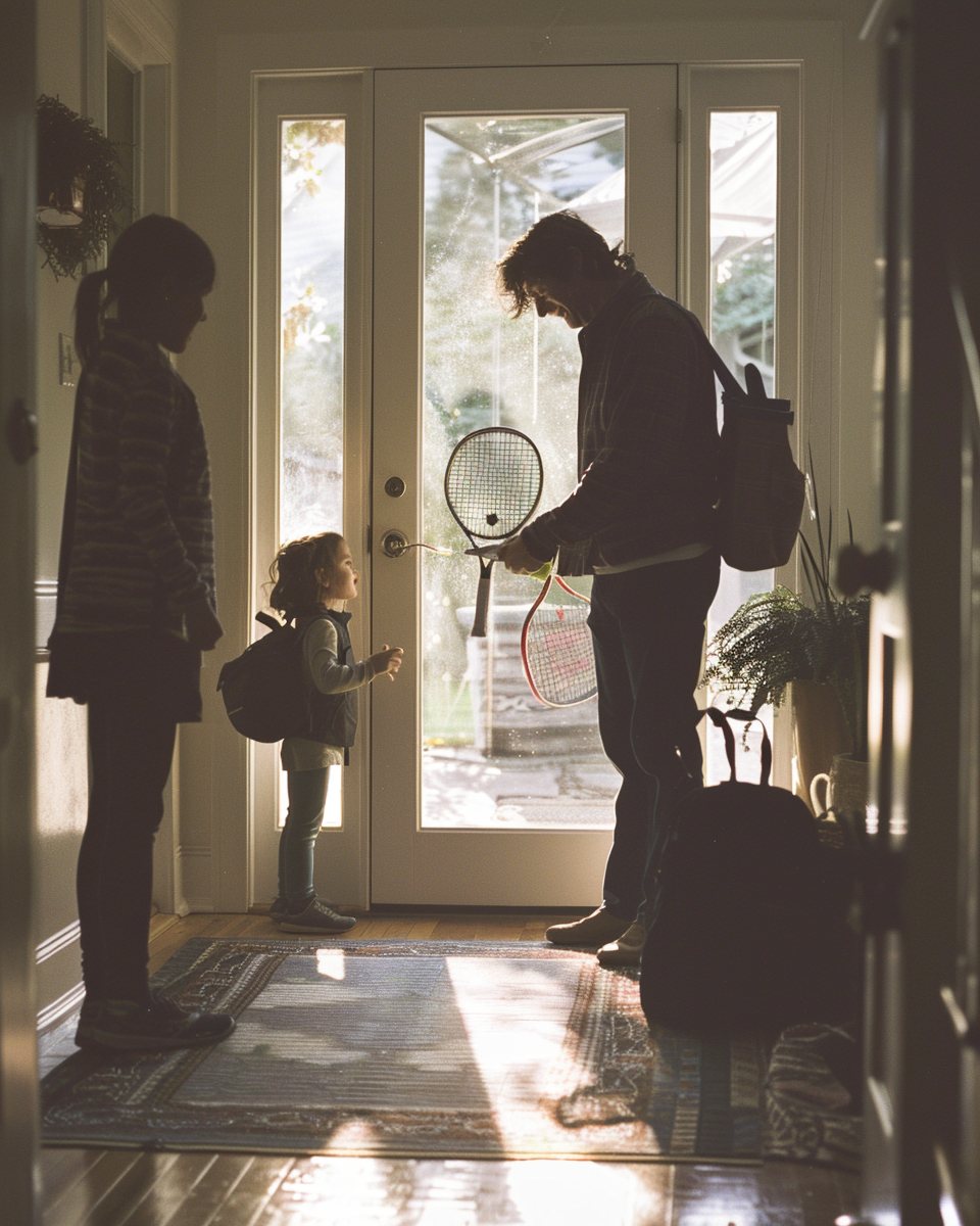 A parent and two children getting ready for different activities