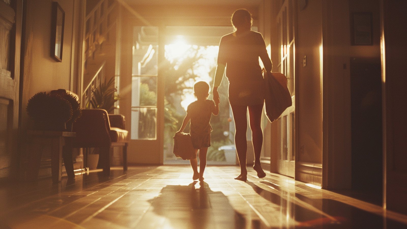 A parent and child heading out for sport in the morning